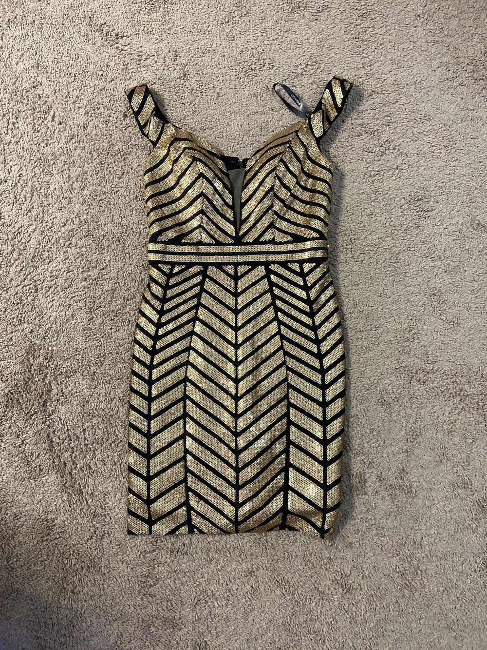 Jovani Dress Womens 2 Gold Black Sequin Chevron Bodycon Cocktail Party Mini